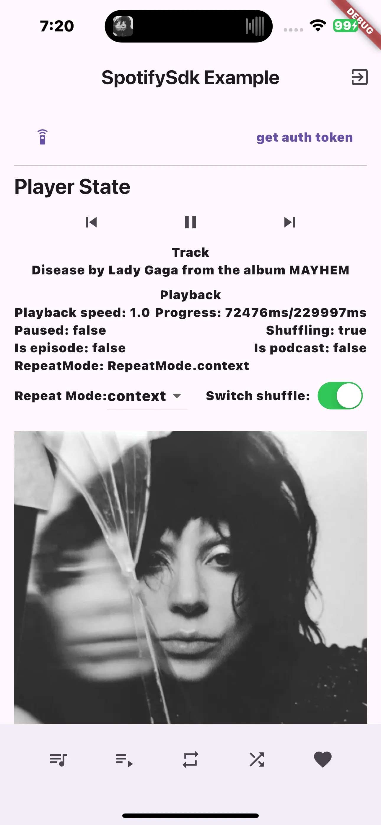 Lady Gaga's Disease song playing on SpotifySDK Example app 